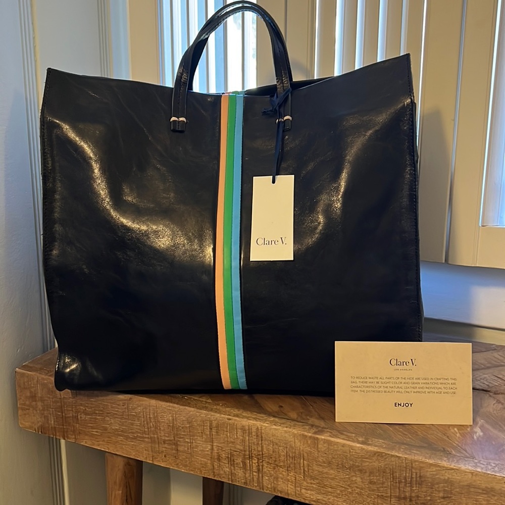 Clare V leather tote with top handles and shoulder strap